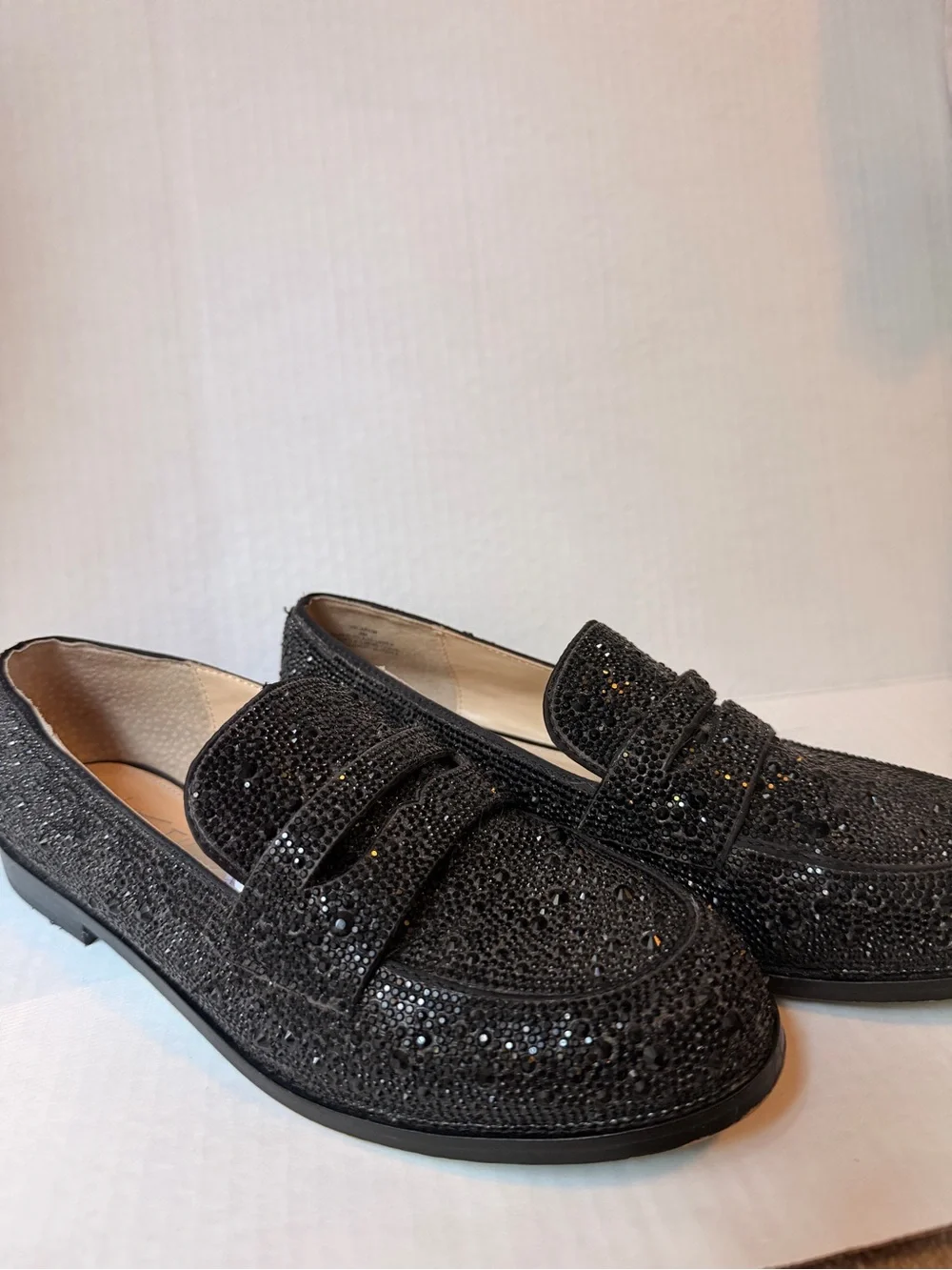 Betsey Johnson Black Crystal-Studded womens Slip-On Loafers
